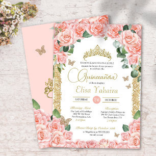Butterfly Peach Floral Rose und Gold Quinceanera Einladung