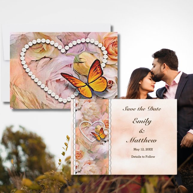 Butterfly Pearl Herz Blumenkohl Rose Save The Date (Heart Pearls Floral Orange Roses Butterflies Save The Date Summer Wedding Engagement Happy Couple)