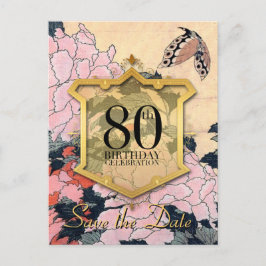 Butterfly Peonies Save the Date 80. Geburtstagspos Ankündigungspostkarte