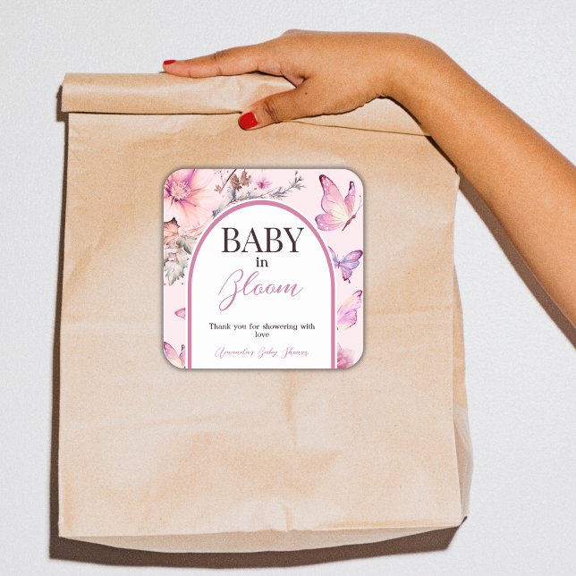 Butterfly Pink Baby in Bloom Girl Baby Dusche Quadratischer Aufkleber (Von Creator hochgeladen)
