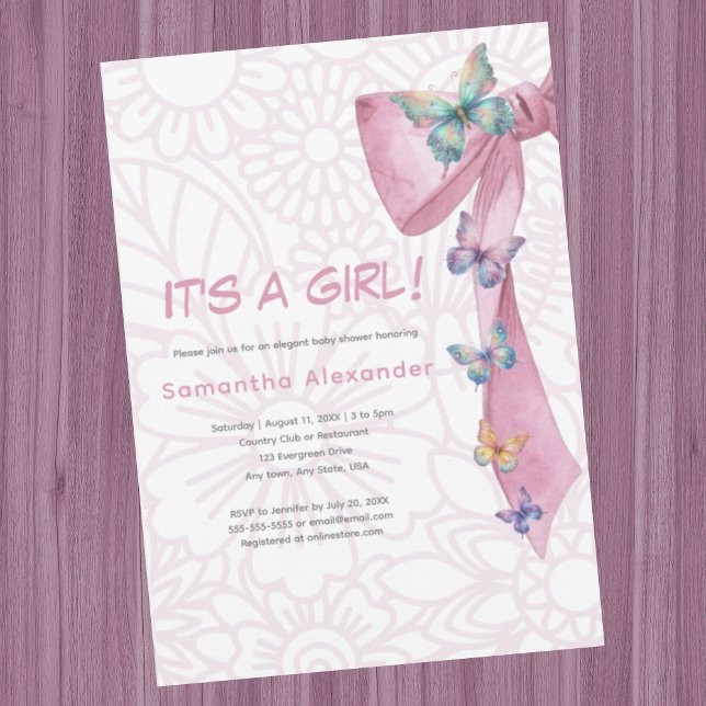 Butterfly Pink Babydusche Einladung (Butterfly pink bow baby shower invitation.  It's a girl. Girly design. Coquette pink butterfly bow.)