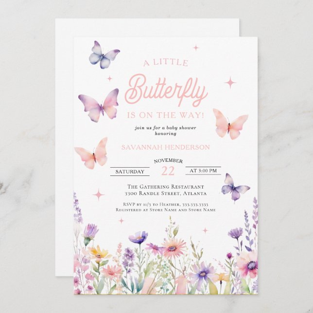 Butterfly Pink Blue Wildblumen Blumenspül Dusche Einladung (Vorne/Hinten)