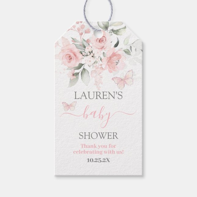 Butterfly Pink Blumenspeck Baby Dusche Geschenk Ta Geschenkanhänger (Vorderseite)