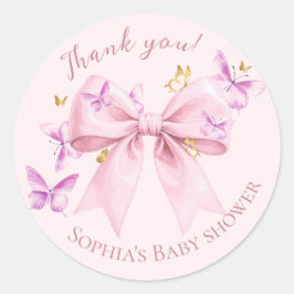 Butterfly Pink Bow Baby Shower  Runder Aufkleber