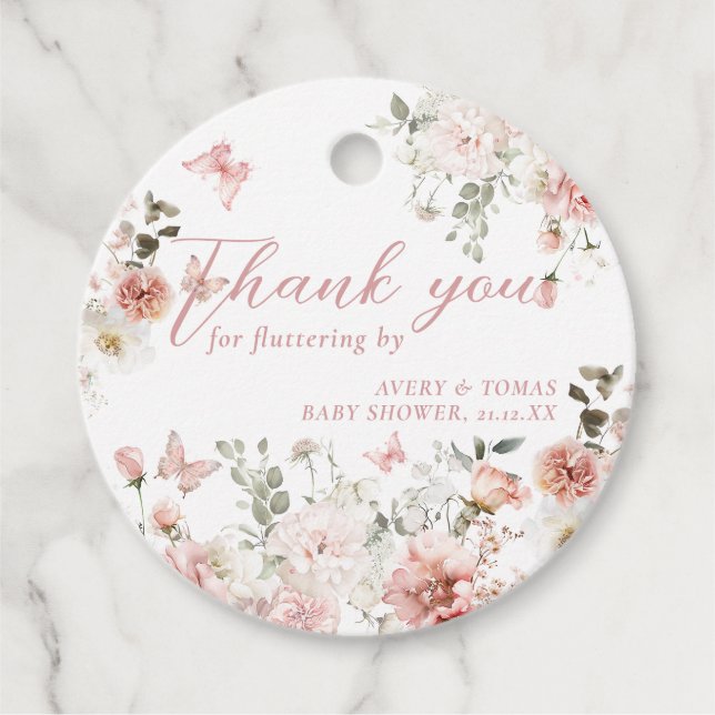 Butterfly Pink Floral Baby Shower fluttering von Geschenkanhänger (Vorderseite)