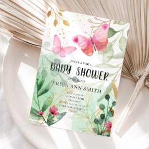 Butterfly Pink Gold Greenery Tea Party Babydusche Einladung