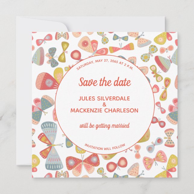 Butterfly Pink Green Save The Date (Vorderseite)