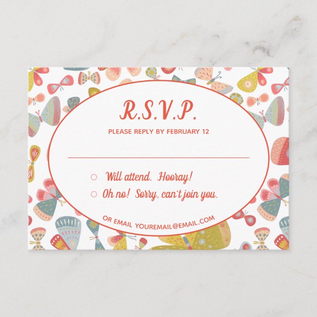 Butterfly Pink Green Wedding RSVP Begleitkarte (Vorderseite)