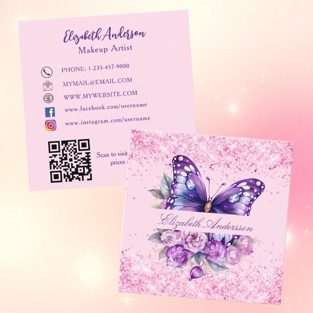 Butterfly Pink lila Blumen QR Code Social Media Quadratische Visitenkarte (Von Creator hochgeladen)