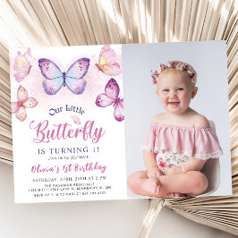 Butterfly Pink Lila Girls Geburtstag Foto Einladung