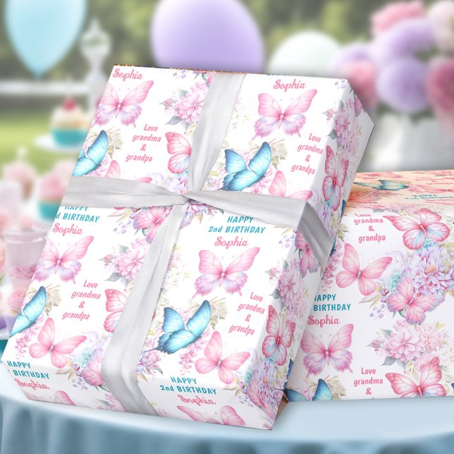 Butterfly Pink Lila Summer Birthday Name Text Geschenkpapier (Butterfly Pink Purple Summer Birthday Name Text Wrapping Paper)