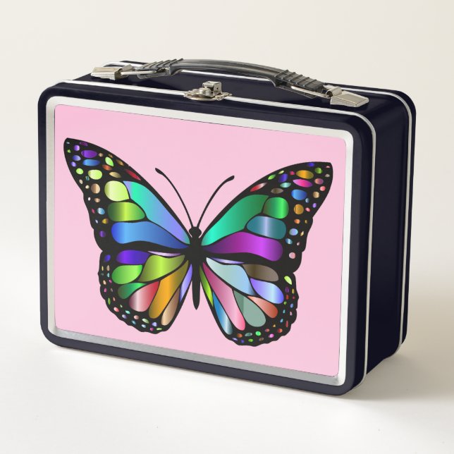 BUTTERFLY PINK METAL RETRO LUNCHBOXE METALL BROTDOSE (Vorderseite)