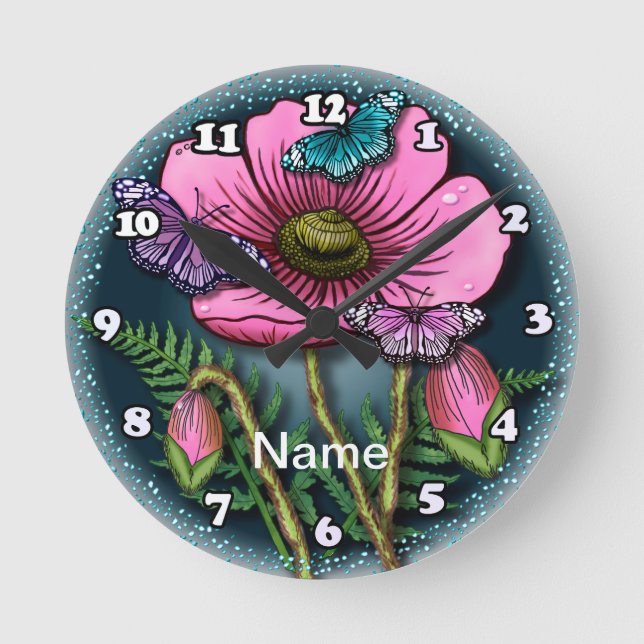 Butterfly Pink Poppy Runde Wanduhr (Vorderseite)