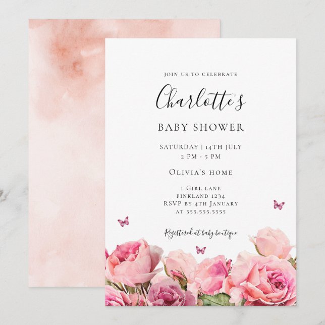 Butterfly Pink Rose Girl Baby Shower Invitation Einladung (Vorne/Hinten)