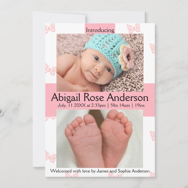Butterfly/Polka Dot Girl Pink Geburtsankündigung Ankündigung (Vorderseite)