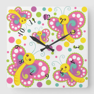Butterfly polka dots cute animal nursery kids room quadratische wanduhr