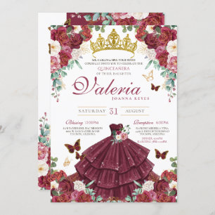 Butterfly Princess Burgundy Rote Rosen Quinceañera Einladung