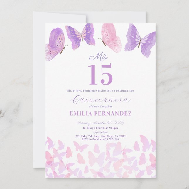 Butterfly Quinceanera 15th Birthday Invitationn Einladung (Vorderseite)