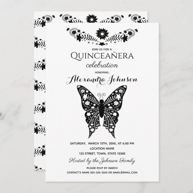 Butterfly Quinceanera Black & White 15. Geburtstag Einladung (Vorne/Hinten)