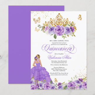 Butterfly Quinceañera + Lila Aquarellfarben-Blume Einladung