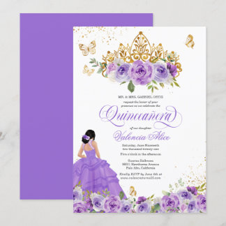Butterfly Quinceañera + Lila Aquarellfarben-Blume Einladung