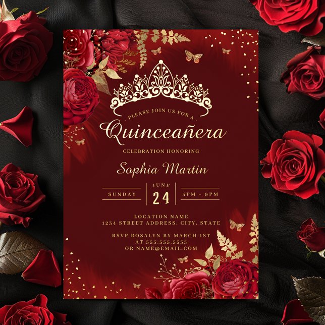 Butterfly Red Gold Floral Quinceanera Folieneinladung (Von Creator hochgeladen)