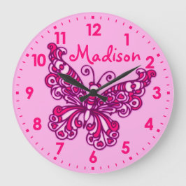 Butterfly Rosa Girlmädchen Zimmername Wand Große Wanduhr