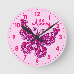 Butterfly Rosa Girlmädchen Zimmername Wand Runde Wanduhr