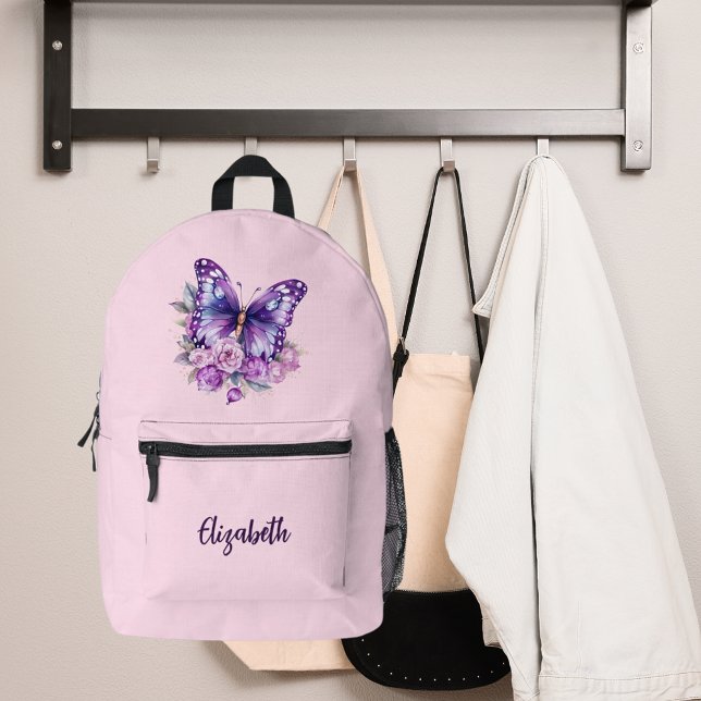 Butterfly Rosa violette Blumen Bedruckter Rucksack (Von Creator hochgeladen)