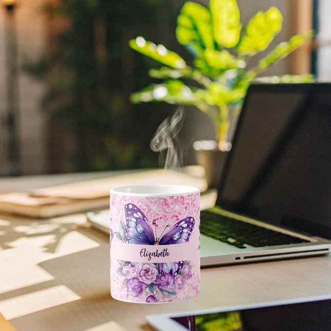 Butterfly Rosa violette Blumen Kaffeetasse (Von Creator hochgeladen)