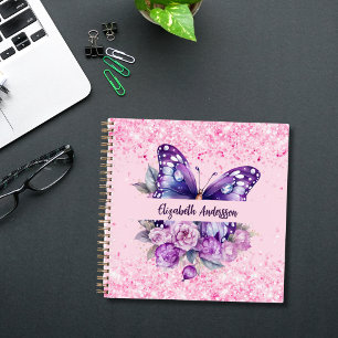 Butterfly Rosa violette Blumen Notizbuch