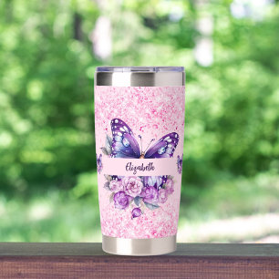 Butterfly Rosa violette Blumen Thermobecher