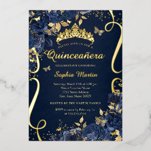 Butterfly Royal Navy Blumen Gold Quinceanera Folieneinladung