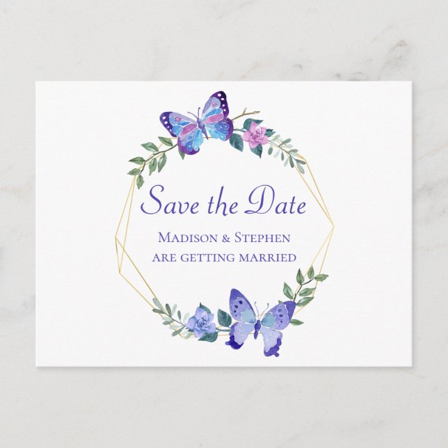 Butterfly Save the Date Schmetterlinge Blumenblau Postkarte (Vorderseite)