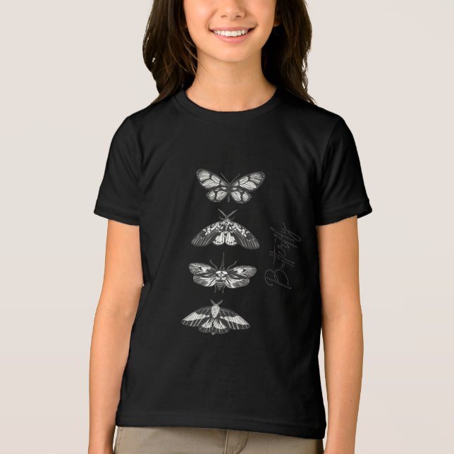 Butterfly Sketch Girls T-Shirt Aesthetic Black tee (Vorderseite)