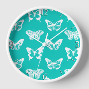 Butterfly sketch, turquoise and white wanduhr