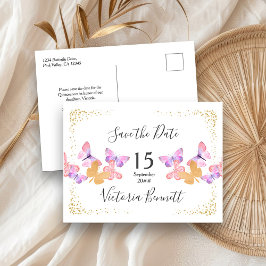 Butterfly Skies Coral Gold Confetti Save the Date Ankündigungspostkarte