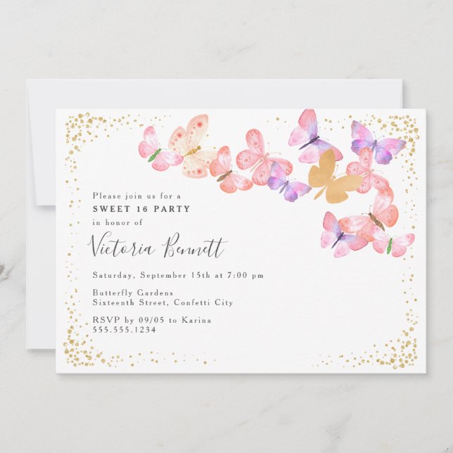 Butterfly Skies Coral Gold Confetti Sweet 16 Einladung (Vorderseite)