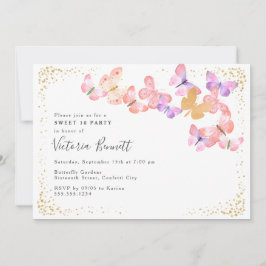 Butterfly Skies Coral Gold Confetti Sweet 16 Einladung