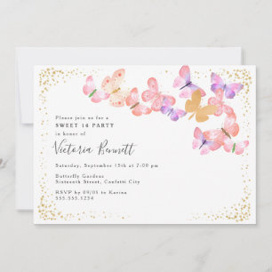Butterfly Skies Coral Gold Confetti Sweet 16 Einladung
