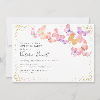 Butterfly Skies Coral Gold Confetti Sweet 16 Einladung
