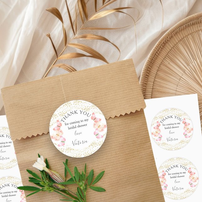 Butterfly Skies Coral Gold Confetti Vielen Dank Runder Aufkleber (Editable stickers from my Butterfly Skies collections)