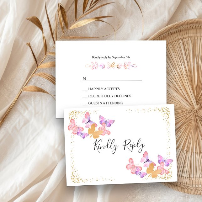 Butterfly Skies Coral Pink Gold Confetti RSVP Kart Karte (RSVP cards from my Butterfly Skies Quinceanera collection)