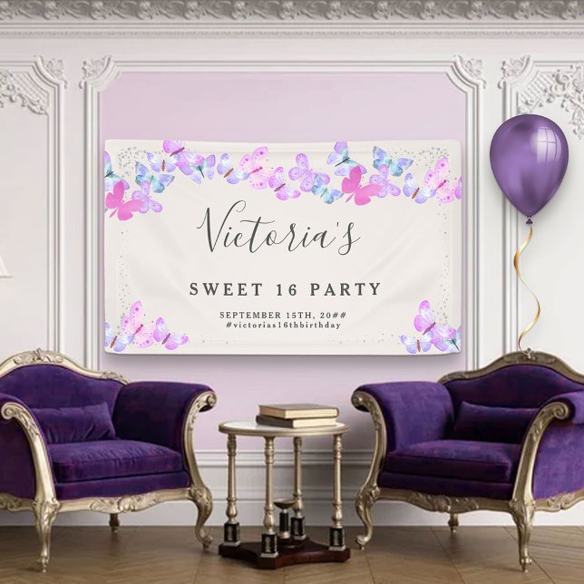 Butterfly Skies Pink Aquarell Schmetterlinge Party Banner (Von Creator hochgeladen)