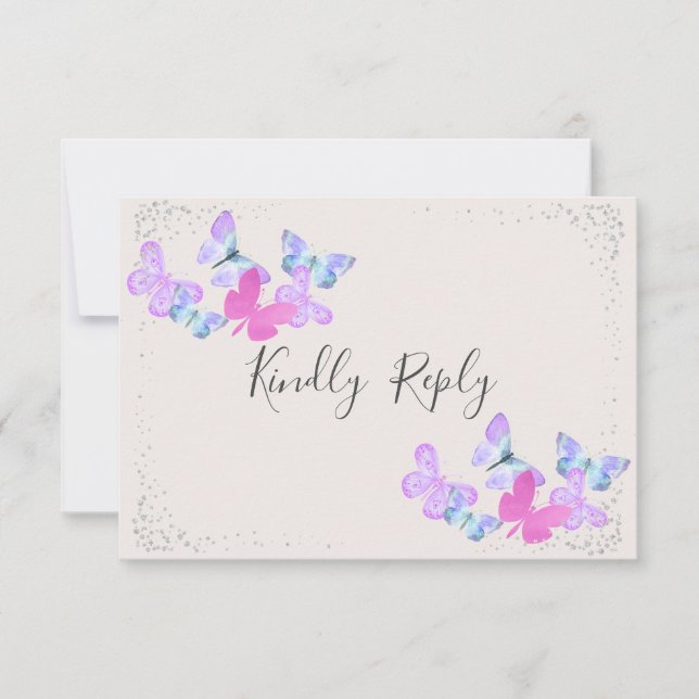 Butterfly Skies Pink Silver Confetti RSVP Karte (Vorderseite)
