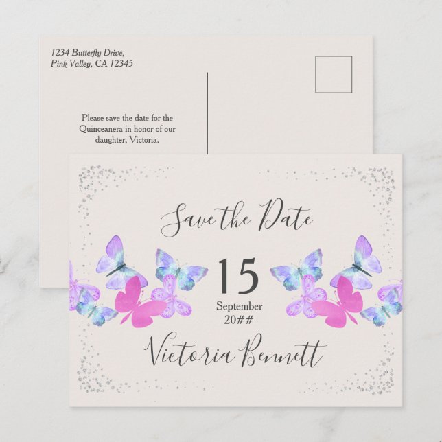Butterfly Skies Pink Silver Confetti Save the Date Ankündigungspostkarte (Vorne/Hinten)