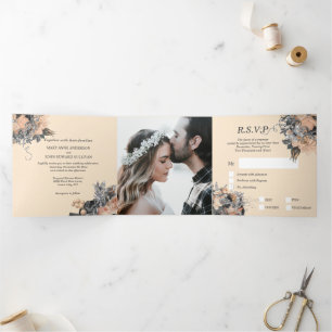 Butterfly Sommerpfirsich Silber Rose Hochzeit Dreifach Gefaltete Einladung