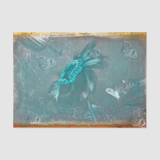 Butterfly Sonnenblume Aquamarin Gold Vintage Antik Seidenpapier (Vorderseite)