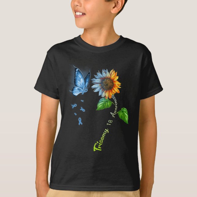 Butterfly Sonnenblume Trisomy 18 Bewusstsein T-Shirt (Vorderseite)