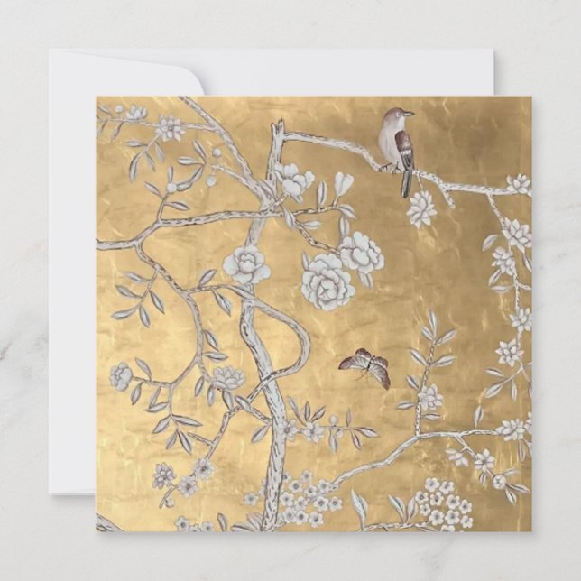 Butterfly & Sparrow Golden Oriental Garden Scene Einladung (Vorderseite)